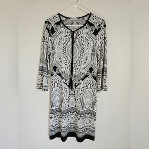 Sandra Darren sz8 Textured Paisley dress Black white Tassel Ties Flare Sleeves